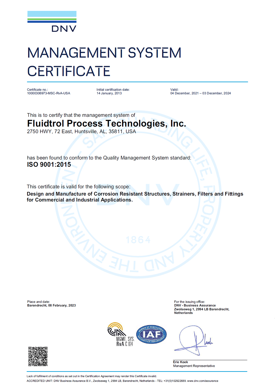 ISO 9001 2015 10000306973-MSC-RvA-USA